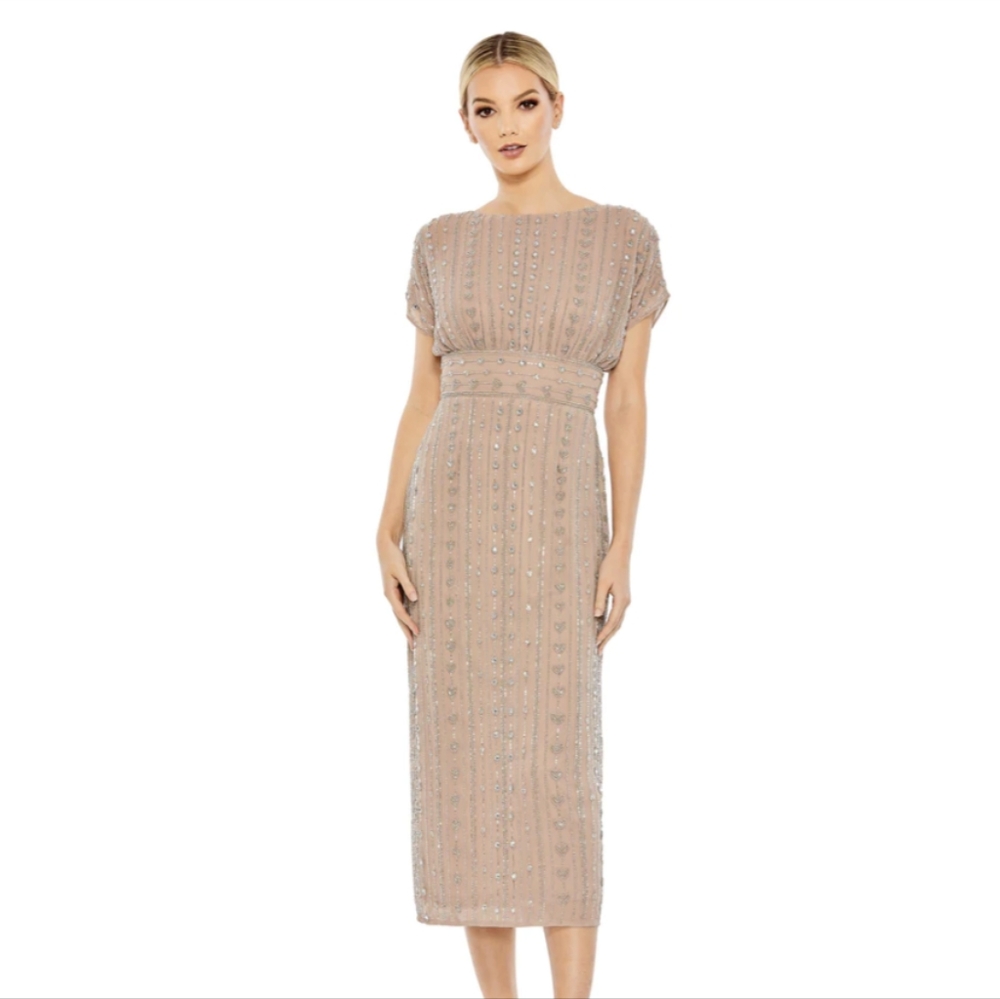 Mac Duggal BEADED CAP SLEEVE COLUMN MIDI DRESS Size 14 Dark Mocha